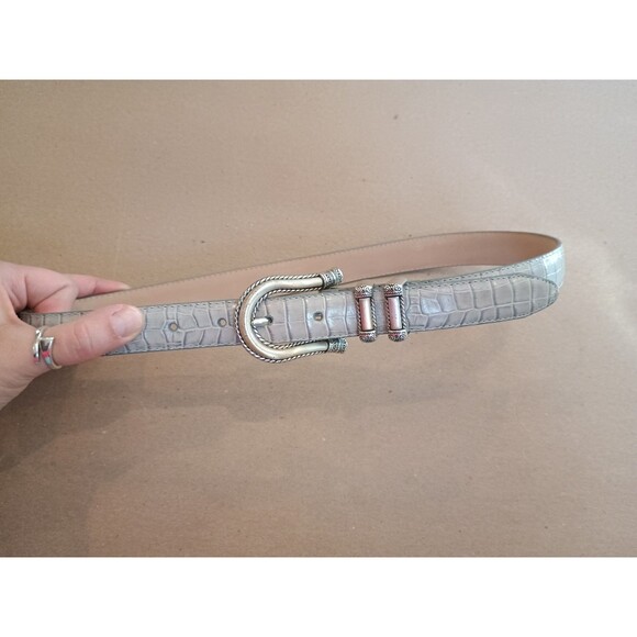 Brighton Ladies Medium 36" Long Off White Grayish Leather Embossed Silver Belt - Picture 2 of 7